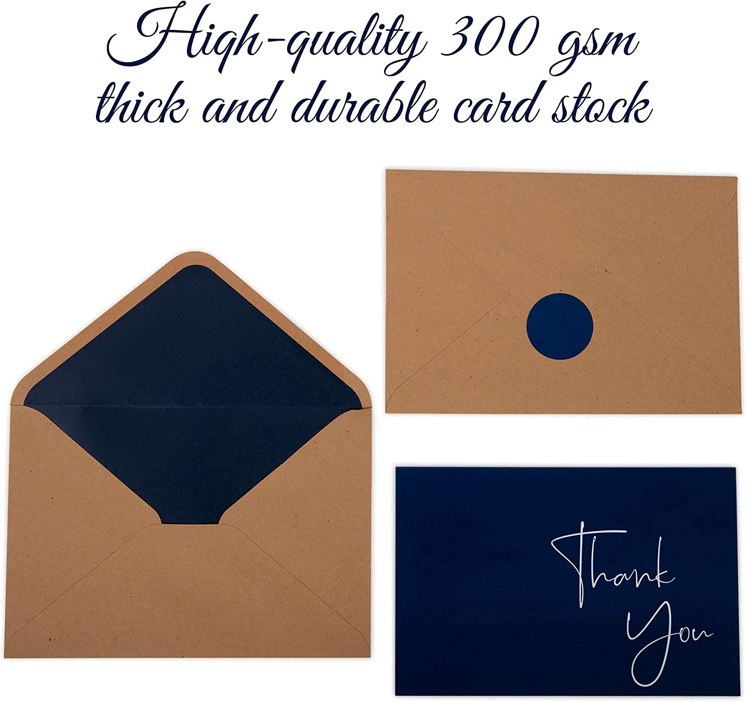 VNS Creations 100 pack Thank You Cards with Envelopes & Stickers - Classy 4x6 Blank Thank You Cards Bulk Box Set - Large Thank You Notes for Wedding, Small Business, Baby & Bridal Shower (Navy Blue) - Image 2